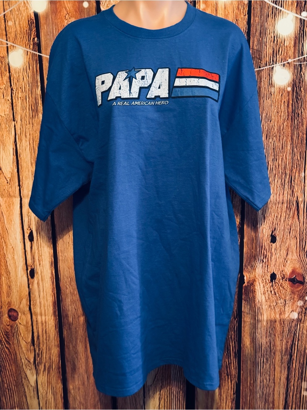 PAPA A Real American Hero Royal Blue Graphic UsA Flag Tee